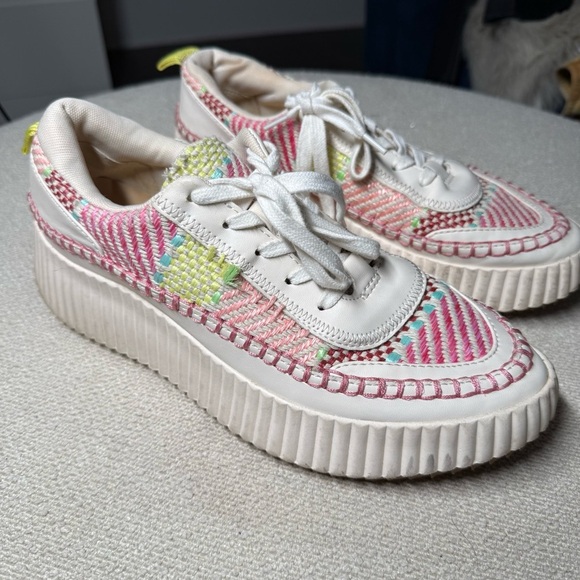 Dolce Vita Dolan Pink and Yellow woven Platform Sneakers - Picture 1 of 7